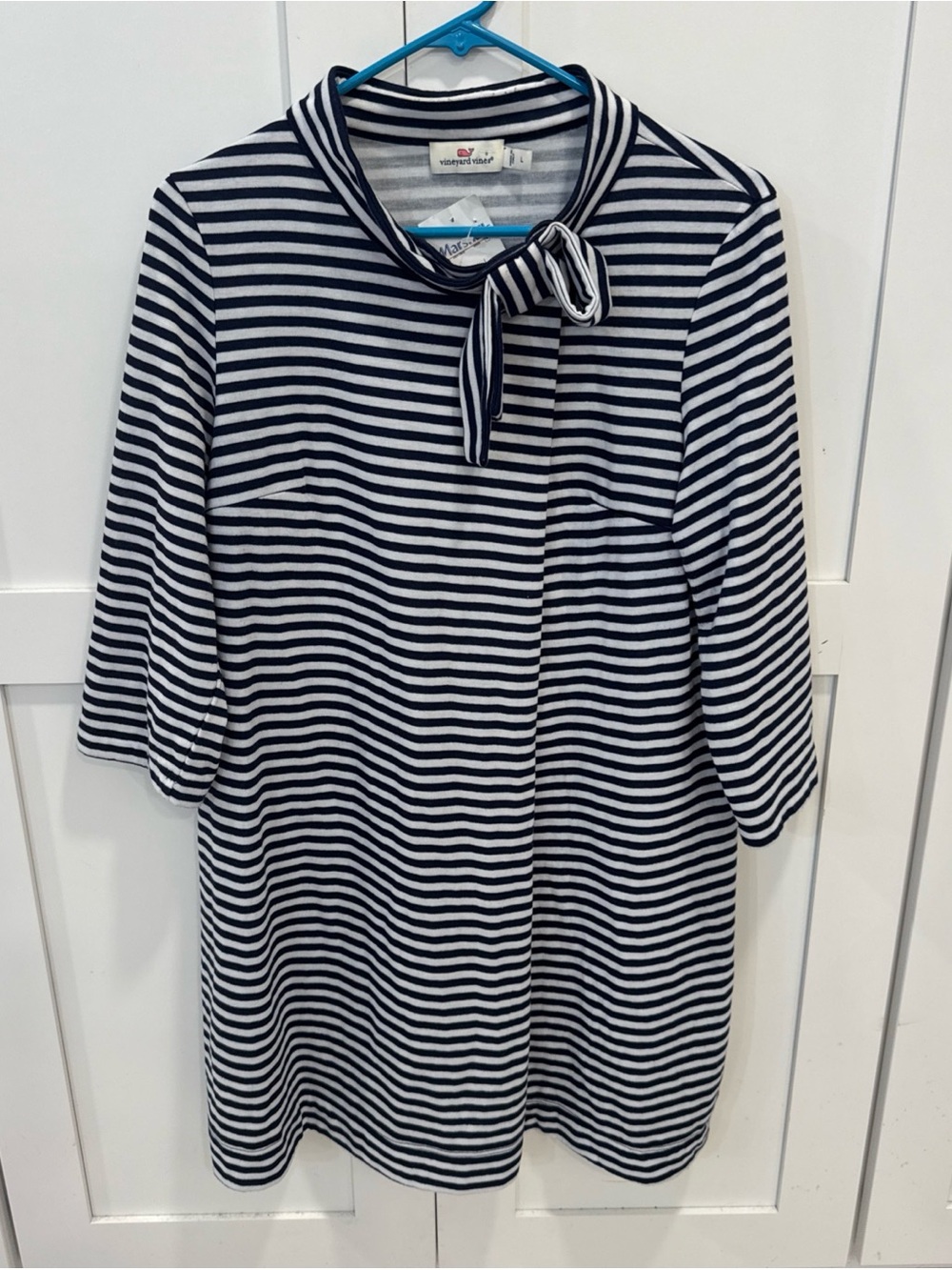 NWT Vineyard Vines Navy and White Striped Bow-Neck Long Sleeve Dress L Nautical